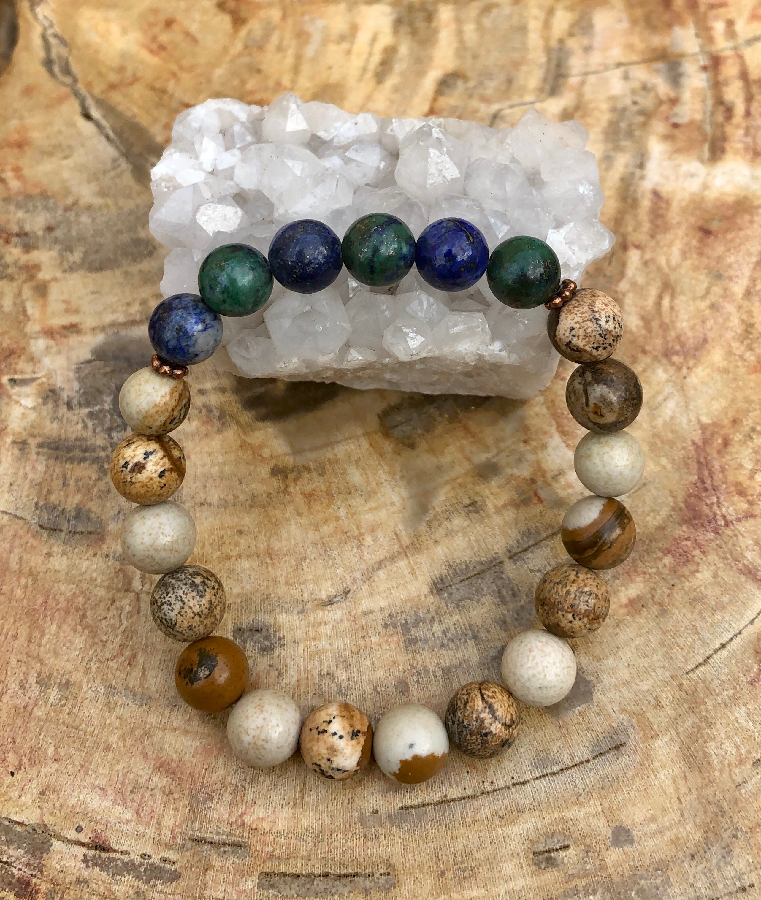 Malachite Chrysocolla & Picture Jasper Stretch Bracelet! Natural Gems!